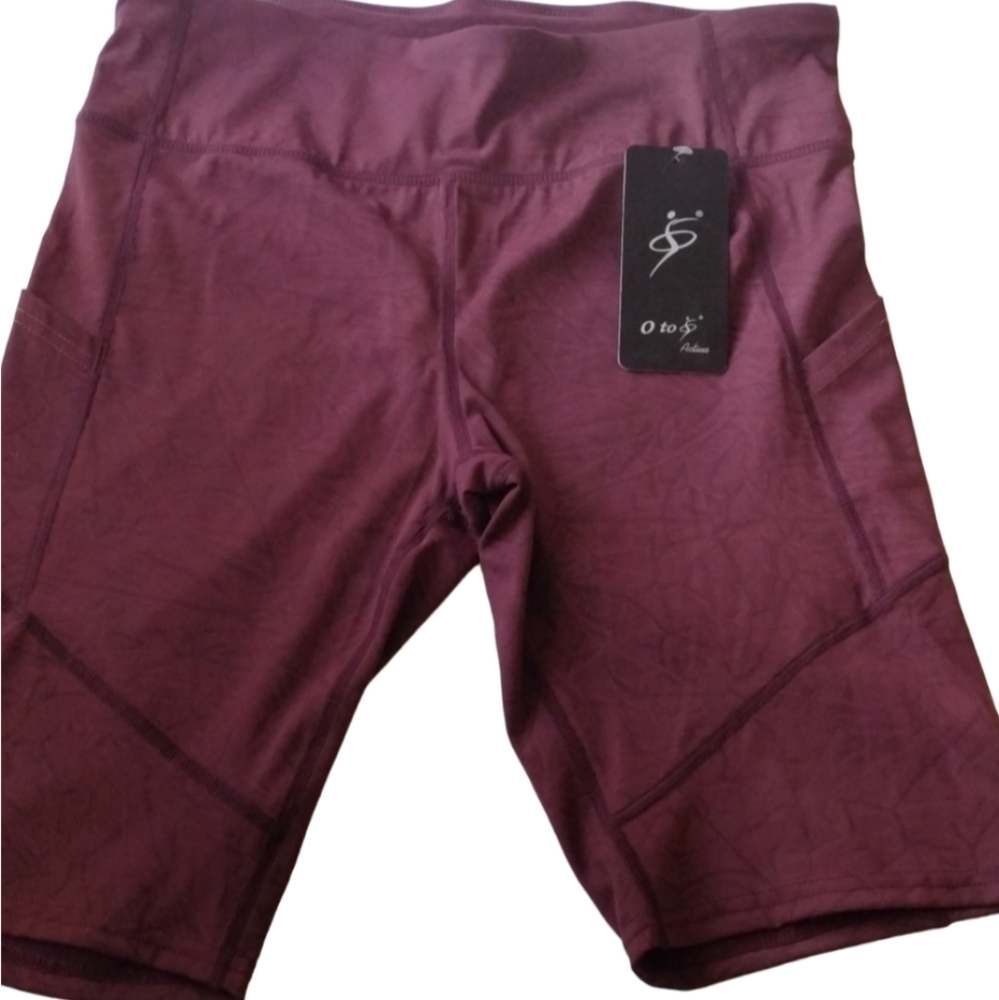 O To S Shorts Women's L Burgundy Biker Yoga Tech Pocket Stretch High Waist